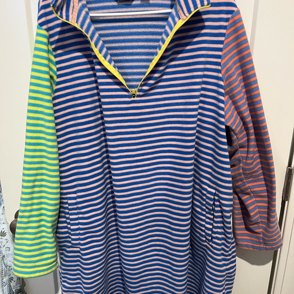 Lands' End Blue and Tan Striped Fleece Pullover Dress